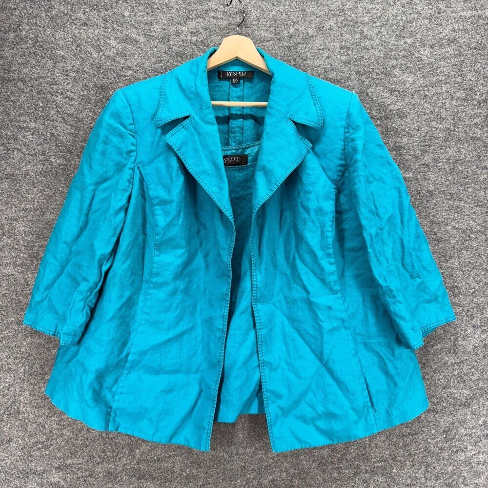 Kasper 2 Piece Women 22W Plus Blue Open Front Collared Long Sleeve Linen Lined